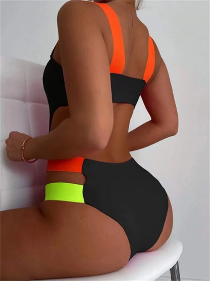 Sexy Black Contrast One Piece Swimsuit 2025 Women Neon Strap Hollow Out Backless Monokini Summer Bathing Suit Patchwork Swimwear