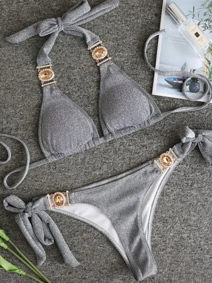 2025 Shiny Rhinestone Diamond Bikini Women Swimsuit Female Swimwear Two Pieces Bikini Set Halter Metal Chains Bathing Suit Swim