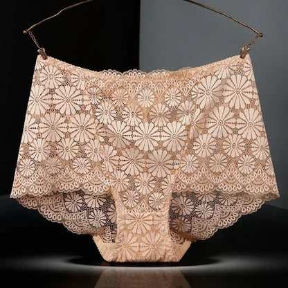1Pc Fashion Women High Waist Plus Size Panties Lace Mesh Floral Transparent Briefs Underwear Solid Seamless Underpants Lingerie