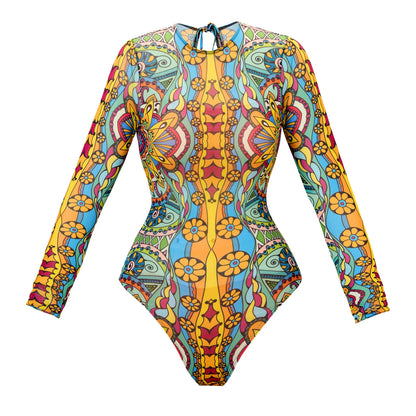 Vintage Mesh Print Swimming Suit for Women Long Sleeve High Waist One Piece Swimsuit 2025 Beach Bathing Suit Купальник
