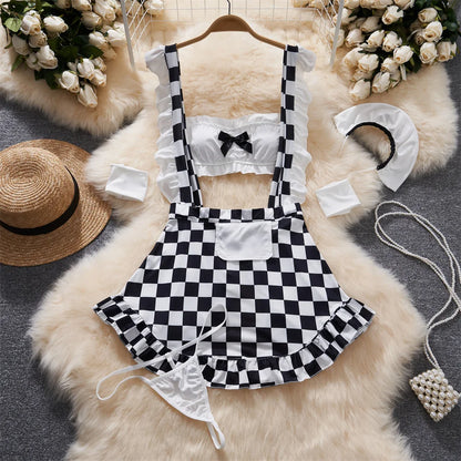 Women Strap Hollow Out Backless French Style Striped Erotic Playsuits Cosplay Slim Fit Underwear Black Lingerie Sexy Bodysuits