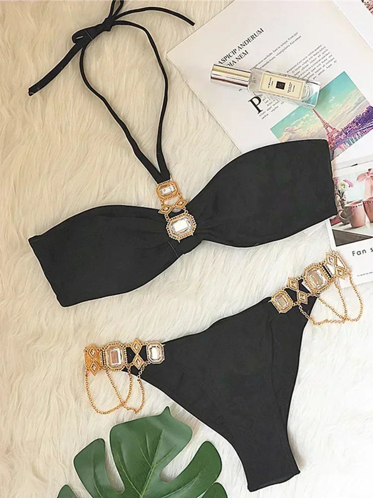 2025 Shiny Rhinestone Diamond Bikini Women Swimsuit Female Swimwear Two Pieces Bikini Set Halter Metal Chains Bathing Suit Swim