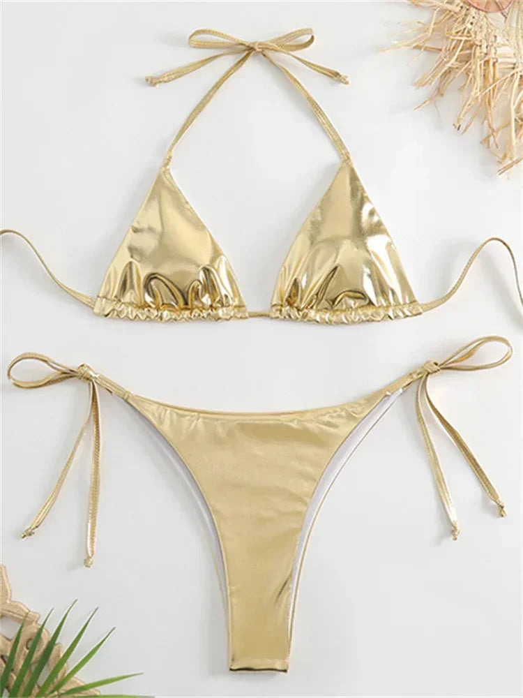Sexy Brozing Gold Bikinis Sets Women Push Up Micro Bikini Swimsuit 2025 Brazilian Beach Bathing Suit Tie Side Triangle Swimwear