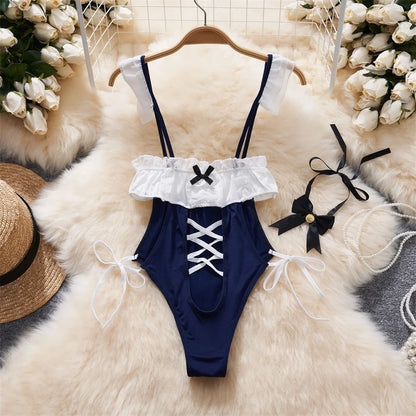 Women Strap Hollow Out Backless French Style Striped Erotic Playsuits Cosplay Slim Fit Underwear Black Lingerie Sexy Bodysuits