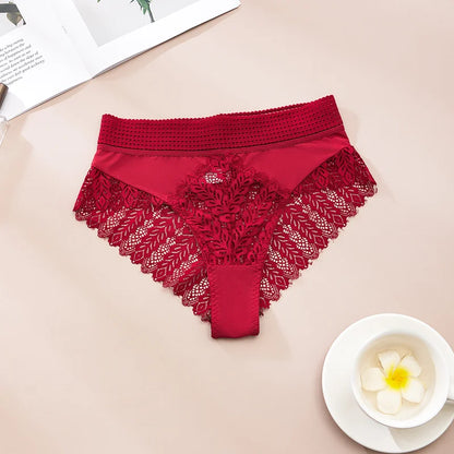 5pcs Solid Color Lace High Waist Sheer Triangle Panties Women's Underwear