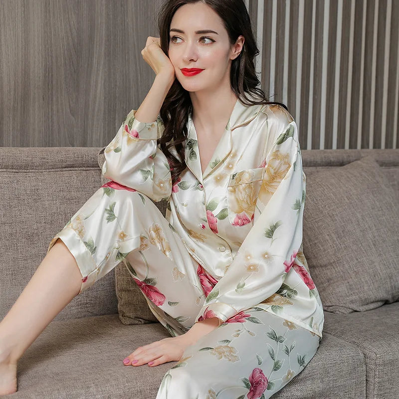 Birdtree Fall 16MM 100%Real Silk Pajama Set Women Satin Print Pyjama Pj Suit Long Sleeve Bedroom Sleepwear Set P36637QC