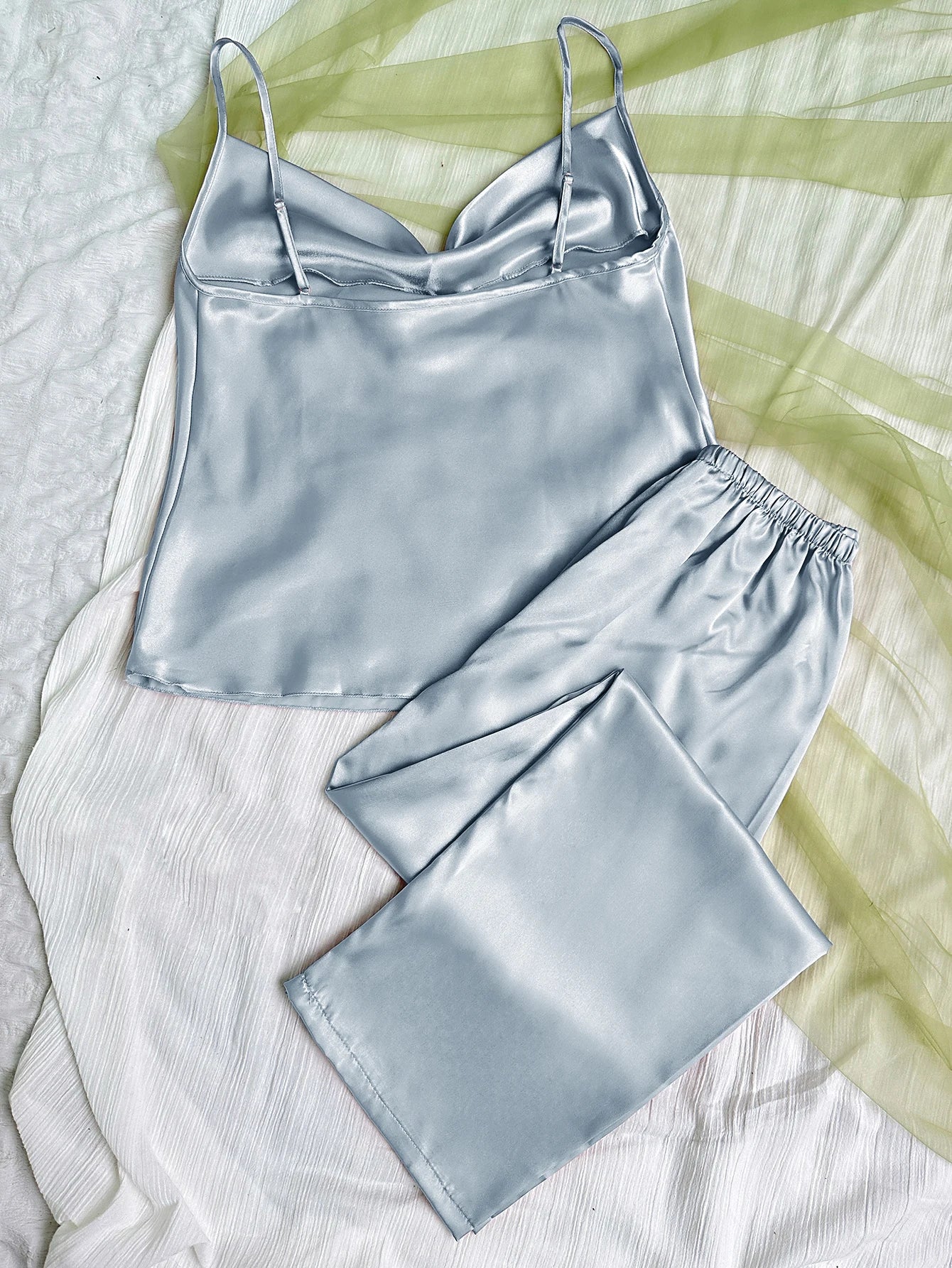 Solid Satin Pajama Set Draped Collar Cami Top Elastic Waistband Pants Women's Sleepwear Loungewear