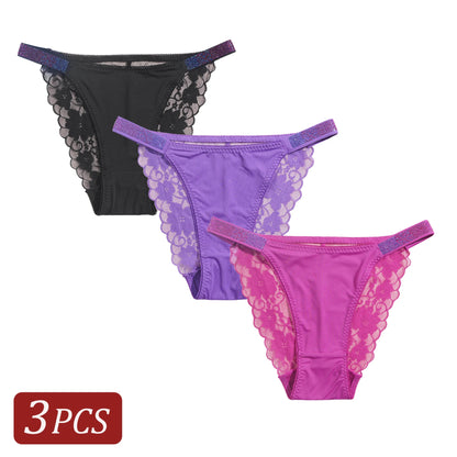 3PCS Sexy Women's Underwear Semi-transparent Hollow Out Lace Floral Panties Two Shiny Belts Underpants Female Briefs Lingerie