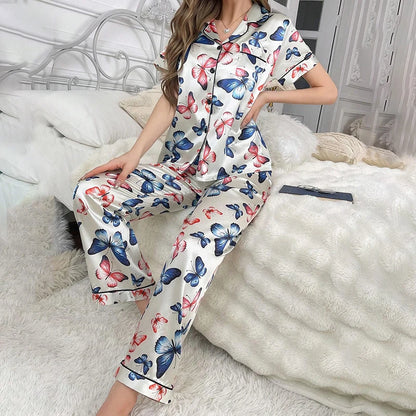Women's Pajamas Elegant Satin Sleepwear Pj Set Flower Print Short Sleeve Buttons Lapel Tops & Long Pants Nightwear Home Clothes