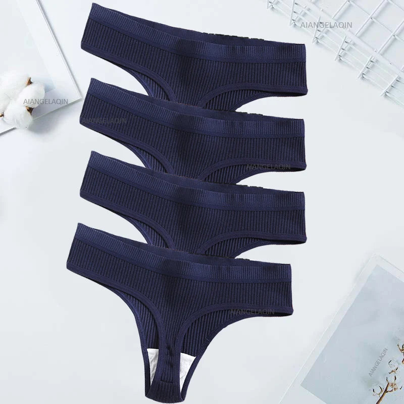 4Pcs Women's Panties Fashion Striped Thongs Soft Cotton Underwear Ladies Sexy Lingeries Sports Breathable G-Strings Cozy T-Back