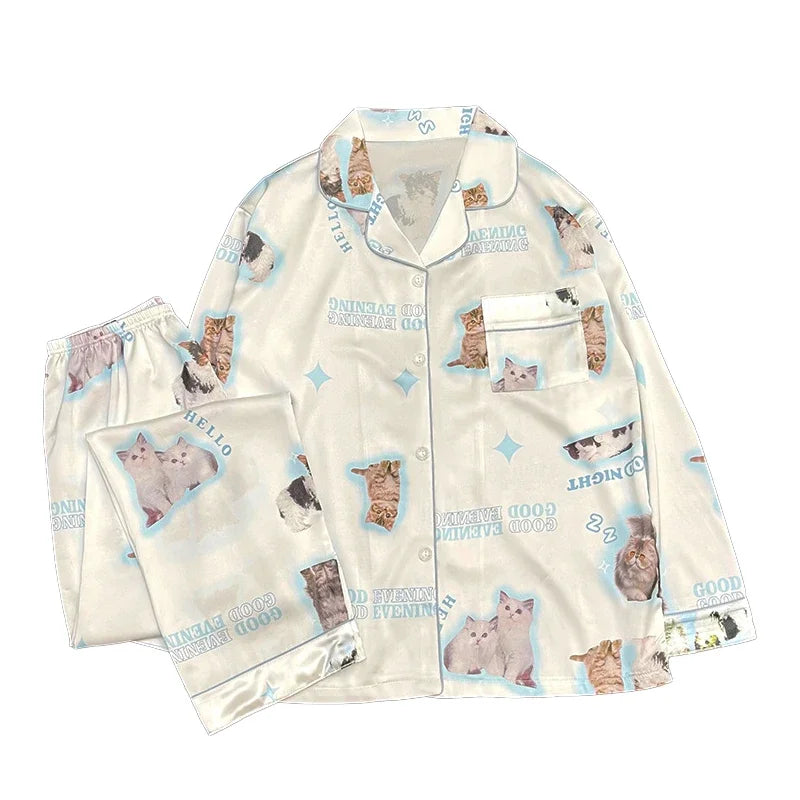 Kawaii Youth Girl's Satin Homewear Short Long Fashion Pyjama Cute Cat Print Summer New Thin Pajamas for Women Silk Home Set