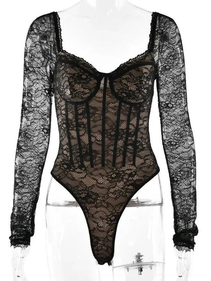 JULISSA MO Sexy Square Collar Sheer Lace Zipper Women Bodysuit Long Sleeve Print Floral Lady Winter Bodycon Elegant Playsuit New