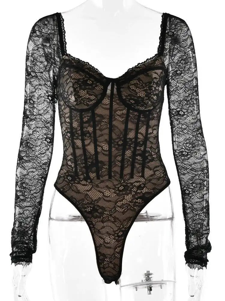 JULISSA MO Sexy Square Collar Sheer Lace Zipper Women Bodysuit Long Sleeve Print Floral Lady Winter Bodycon Elegant Playsuit New