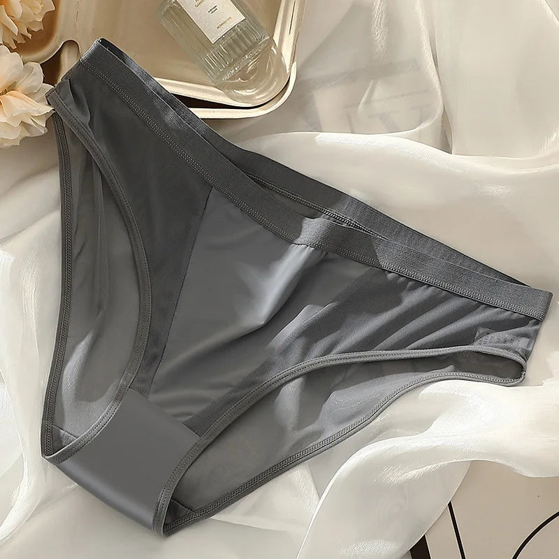 Sexy Mesh Ice Silk Solid Thin Breathable Underwear Middle Waist Elasticity Panties Women Seamless Comfortable Intimate Briefs
