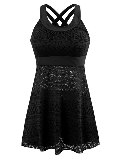 2025 New Sexy Lace Mesh Tankini Swimsuits Mid Waist Swimwear Women Swimsuit Female Cross Back Bathing Suit Summer Beach Wear XXL