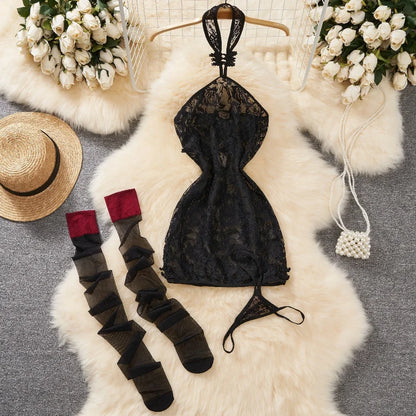 Women Strap Hollow Out Backless French Style Striped Erotic Playsuits Cosplay Slim Fit Underwear Black Lingerie Sexy Bodysuits