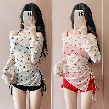 sexy Korean fashion conservative bow bikinis sets three pieces drawstring shorts with perspective mesh cover smock swimsuit