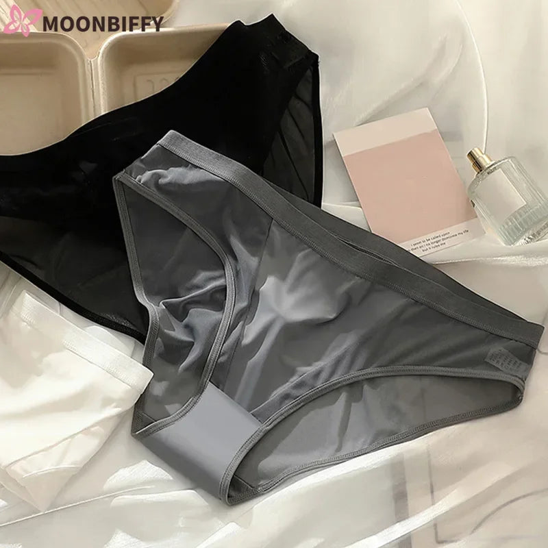 Sexy Mesh Ice Silk Solid Thin Breathable Underwear Middle Waist Elasticity Panties Women Seamless Comfortable Intimate Briefs