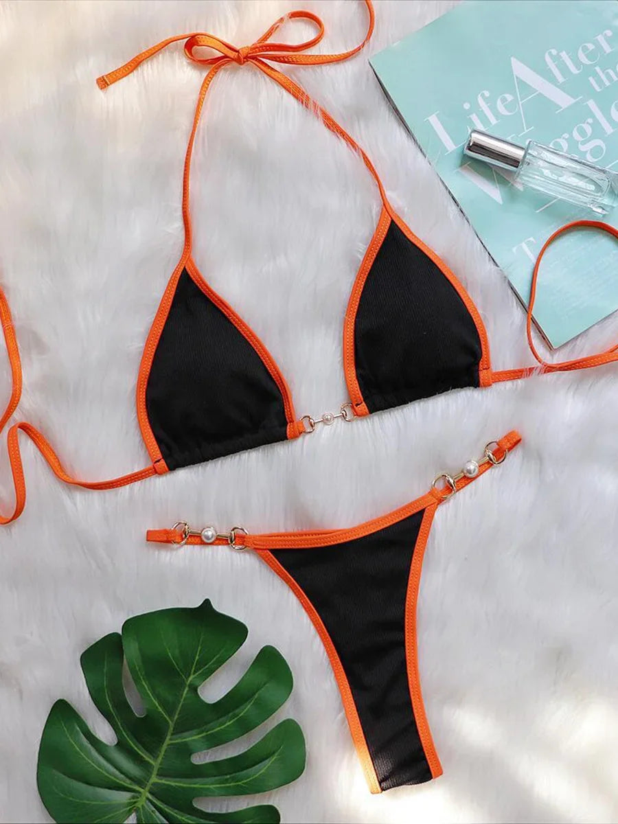 Sexy Halter Pearl Extreme Mini Micro Bikini Female Swimsuit Women Swimwear Two-pieces Bikini set Ribbed Bather Bathing Suit Swim