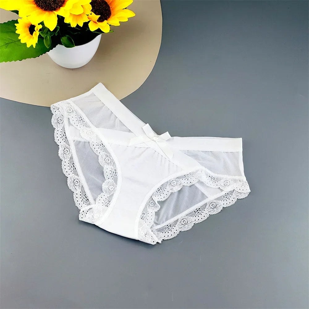 3 Pieces Hot Comfortable Mesh Briefs Women Sexy Seamless Lace Trim Underwear Cute Bow Ladies Breathable Briefs Plus Size