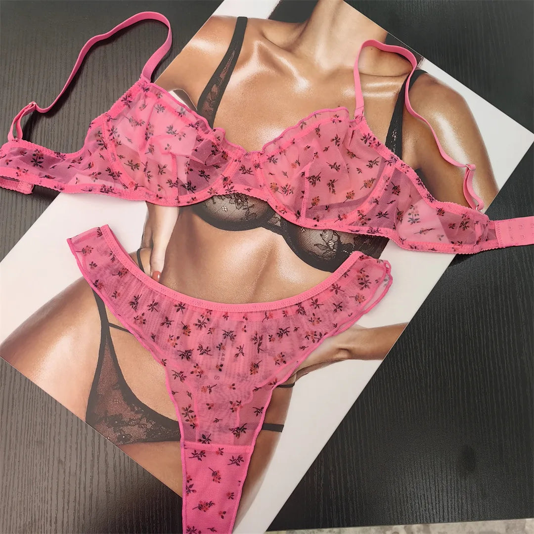 Fashion Floral Prints Women Lingerie Set Fashion Sexy Lace Bra French Ultra Thin Breathable Intimates Bralette Soft Underwear