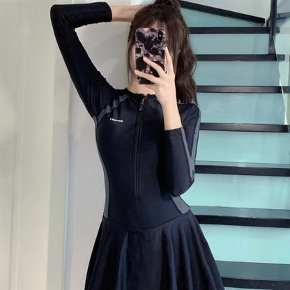 Athletic Long Sleeve One Piece Swimsuit Dress with Zipper Front Color Block Panel Tummy Control Swimwear for Beach Pool Training