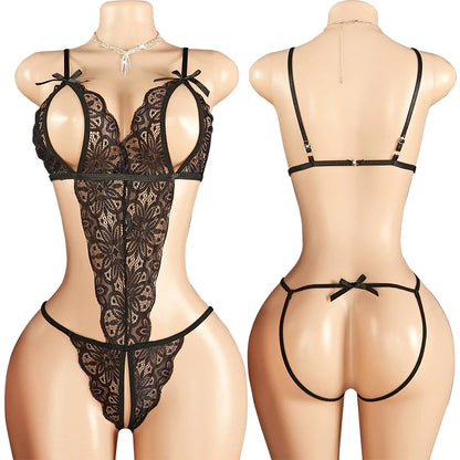 Female Sexy Lingerie Mesh Lace Floral Print Bra Set Teddy Crotchless Bodysuits For Plus Size Women Erotic Open Bra Underwear Set