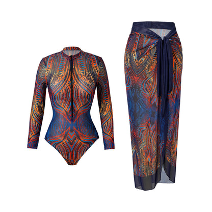 Vintage Mesh Print Swimming Suit for Women Long Sleeve High Waist One Piece Swimsuit 2025 Beach Bathing Suit Купальник