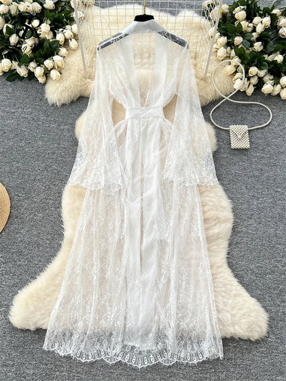 SINGREINY Elegant Sheer Caridigan Long Robes Female Lace Up Solid Long Sleeve Robes Fashion Women Transparent Lace Sensual Robes