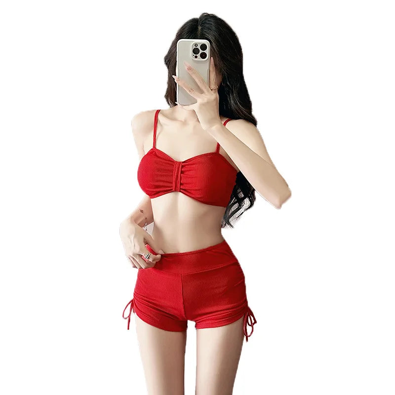 sexy Korean fashion conservative bow bikinis sets three pieces drawstring shorts with perspective mesh cover smock swimsuit