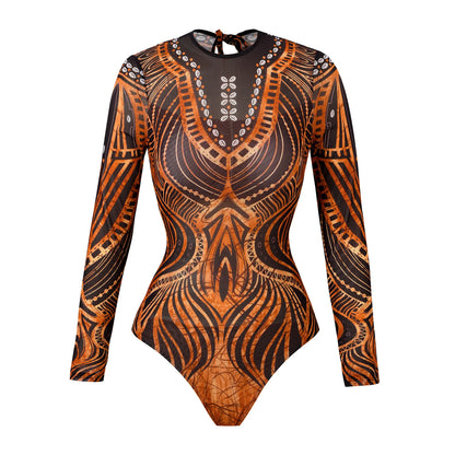 Vintage Mesh Print Swimming Suit for Women Long Sleeve High Waist One Piece Swimsuit 2025 Beach Bathing Suit Купальник