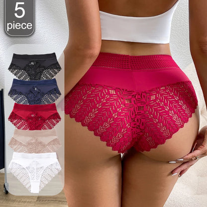 5pcs Solid Color Lace High Waist Sheer Triangle Panties Women's Underwear