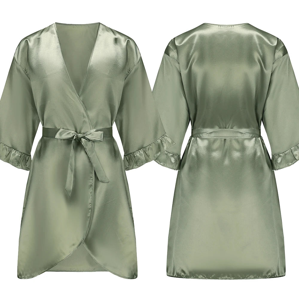 Grass Green Bride Satin-Silk Robe Women Bridal Party Sister Team Mother Shower Gift Bridesmaid Wedding Short Robes with Ruffle
