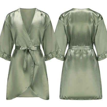 Grass Green Bride Satin-Silk Robe Women Bridal Party Sister Team Mother Shower Gift Bridesmaid Wedding Short Robes with Ruffle