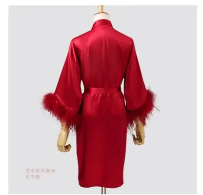 Women FEATHER Bride Bridesmaid Wedding Robe Satin Kimono Bathrobe Gown Nightwear Embroidery Letter Nightgown V-Neck Lingerie