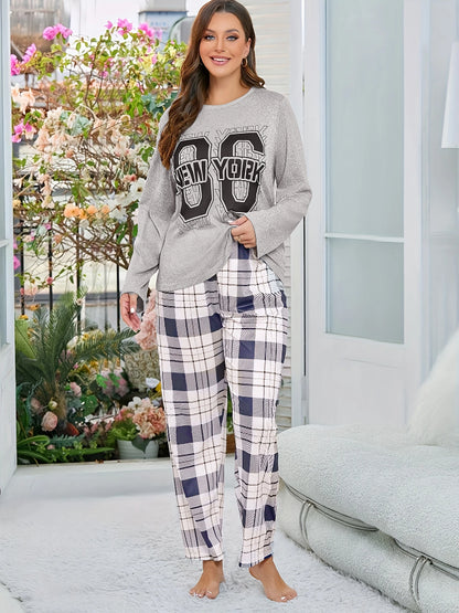 2-Piece Set of Women's Autumn Pajamas, Fashionable Casual Letter Plaid Print Long-Sleeved Long Pants, Can Be Worn Outside, Pajamas