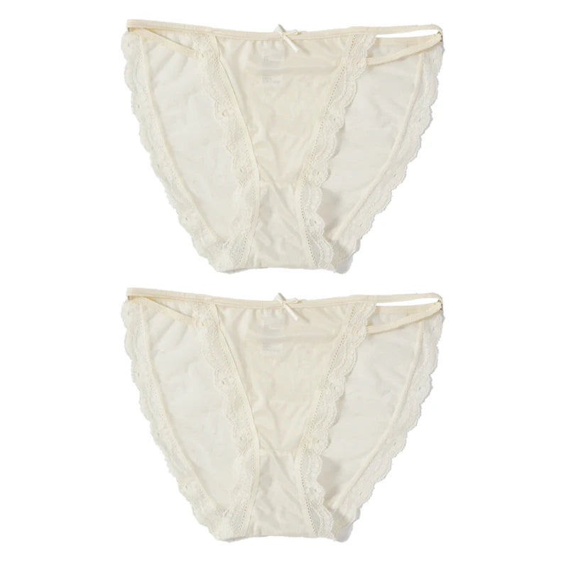 2PCS Mesh Satin Half Pack Panties Women's Ice Silk Low Rise Soft Intimates Breathable Sexy Lace Underpants Light Silky Briefs