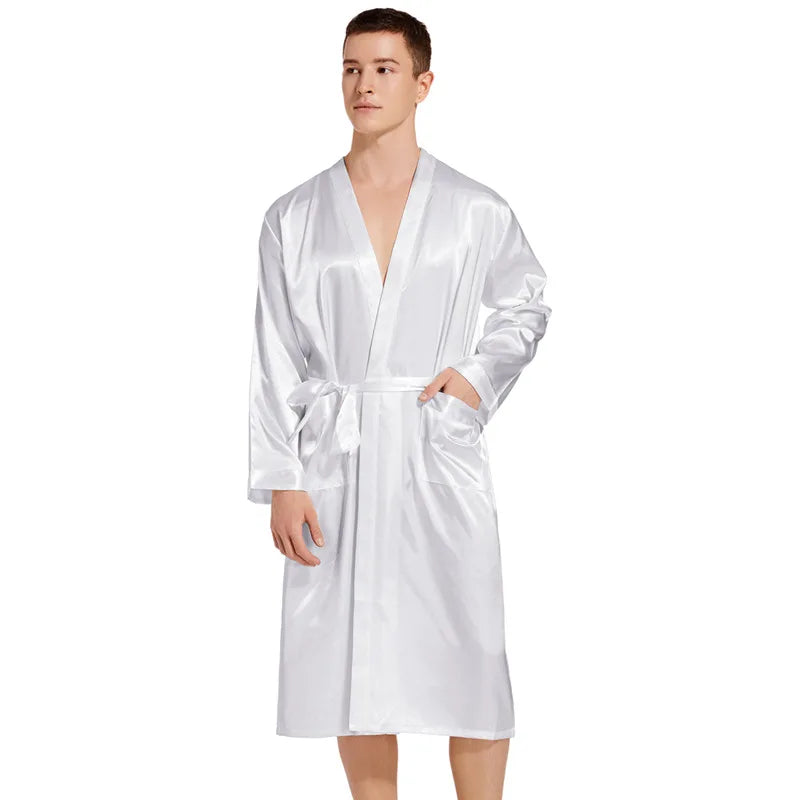 Summer New Men Solid Color Kimono Robe Satin Bathrobe Gown Summer New Sleepwear Loose Pijamas De Hombre Ice Silk Peignoir Homme