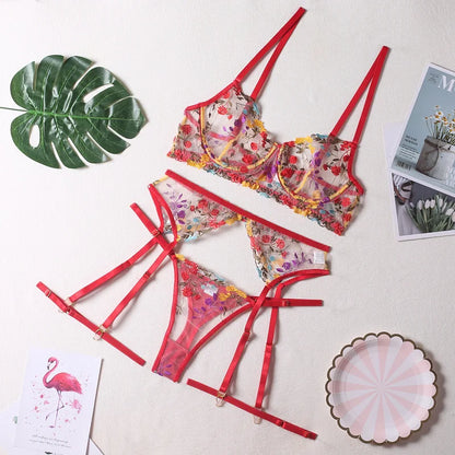 Brskbzda Lingerie Sensual Lace Underwear Transparent Embroidery 3-Piece Garters Fancy Beautiful Short Skin Care Kits Intimate