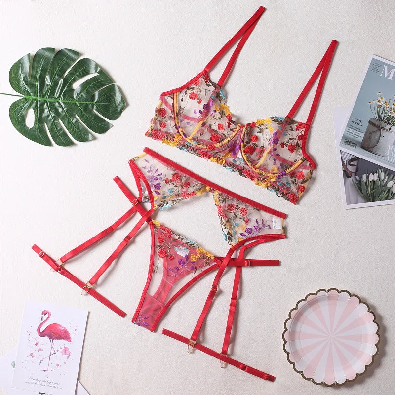 Brskbzda Lingerie Sensual Lace Underwear Transparent Embroidery 3-Piece Garters Fancy Beautiful Short Skin Care Kits Intimate