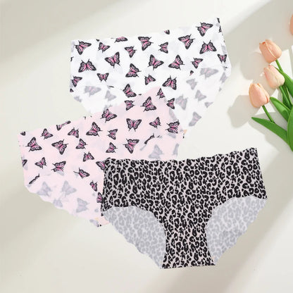 FINETOO 3Pcs Seamless Print Underwear for Women Sexy Leopard Butterfly Briefs Female Ice Silk Panties Comfortable Lingerie S-XXL