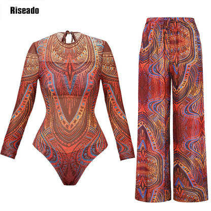Riseado Mesh Swimsuit with Long Pants & Swimdress Long Sleeve Mesh Beachwear Sexy High Waist Bathing Suit Smart Beach Clothing