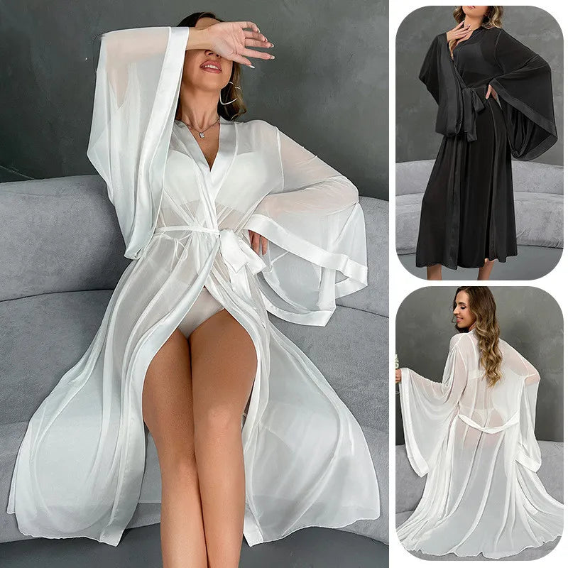 Female Sheer Shapewear Robes Fashion Long Sleeve Thin Lingerie Women Lace Up Long Sexy Mesh Robes