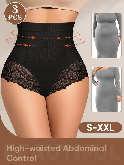 3pcs High-Waisted Tummy Control Seamless Underwear - Butt-Lifting Shapewear with Lace Trim, 3 Sizes (S-XXL) for Women,