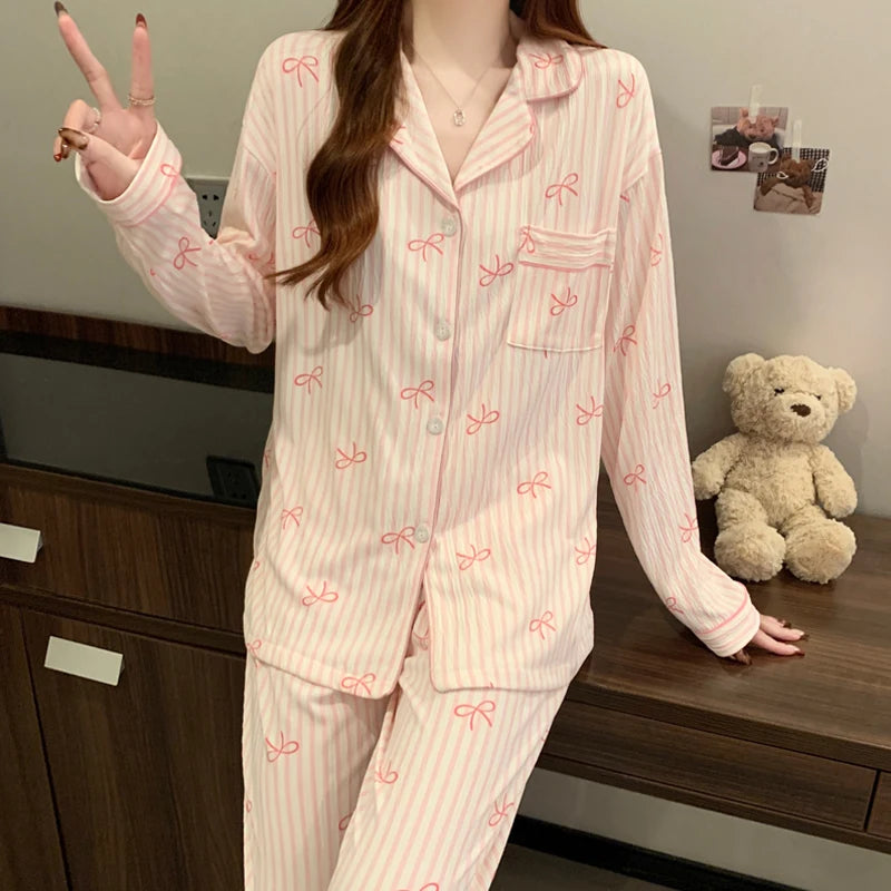 Pink Bow Tie Design Pajamas for Women Long Sleeve Top & Elastic Waist Pants Pajamas Set Harajuku Style Casual New Home Wear
