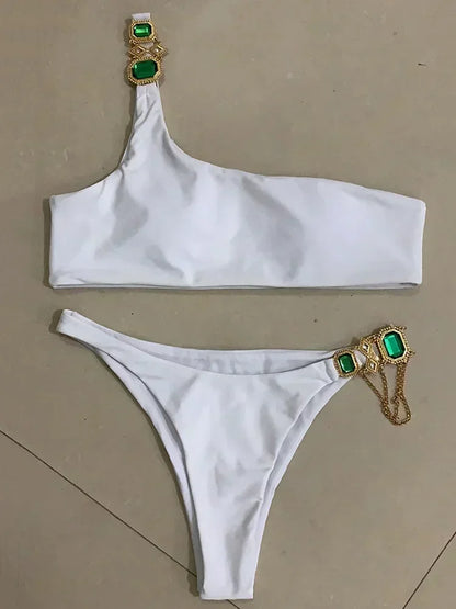 2025 Shiny Rhinestone Diamond Bikini Women Swimsuit Female Swimwear Two Pieces Bikini Set Halter Metal Chains Bathing Suit Swim