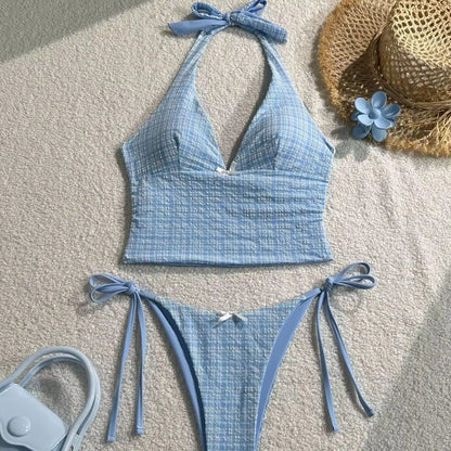 2025 Summer Floral Halter Bikini Women's Sexy Backless Swimwear with Tie Detail Summer Strappy Two Piece Bathing Suit Holiday