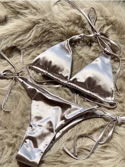 Wrap Around Halter Metallic Satin Bikini Women Swimwear Female Swimsuit Two-pieces Bikini Set Brazilian Bathing Suit Swim Lady