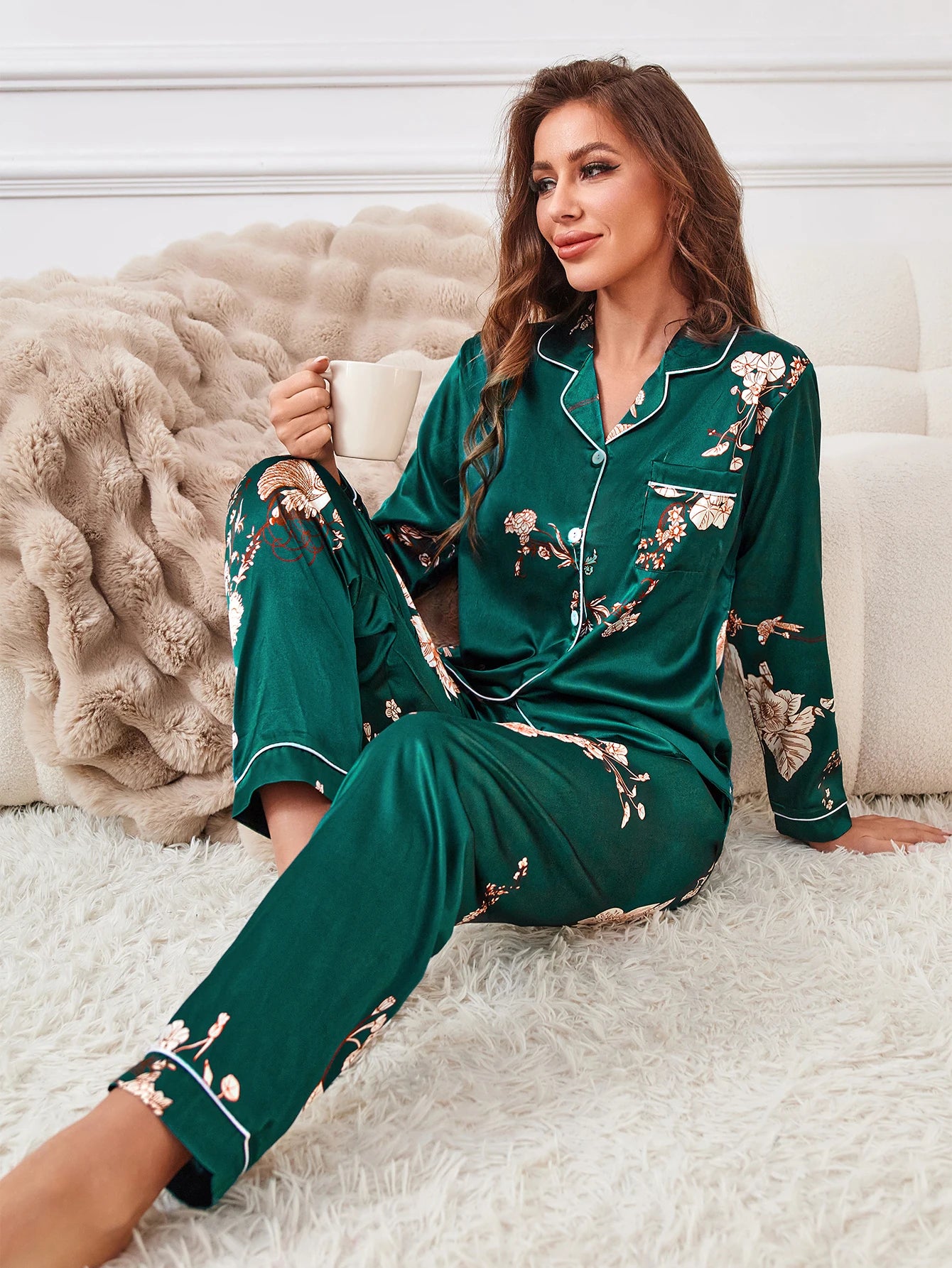 Floral Print Contrast Piping Satin Pajama Set,Women's Sleepwear & Loungewear Button Up Lapel Top & Pants Pj Set