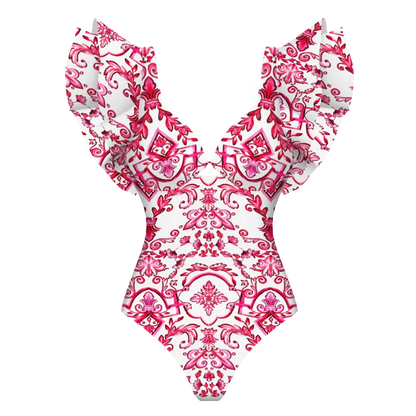 Printed Ruffle One Piece Swimsuit With Cover Up Sexy Swimwear Women Flat Belly Swim Suits Bathsuit Belt Bodysuit Beach Outing